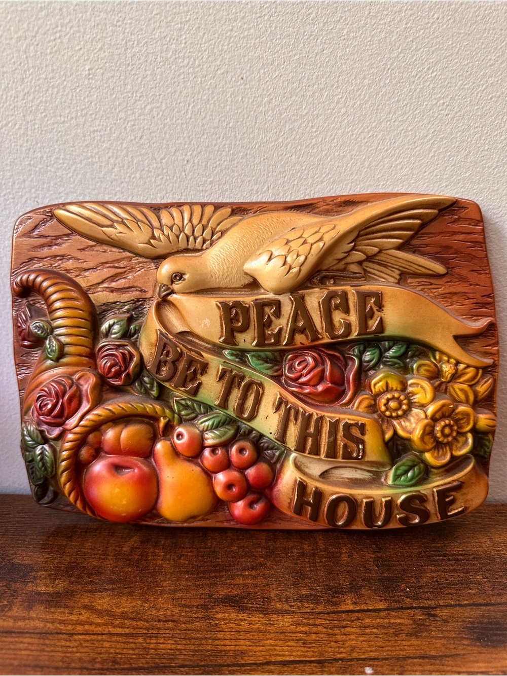 Vtg Miller Studio Chalkware Peace Be to This House Wall Plaque Cornucopia 1971